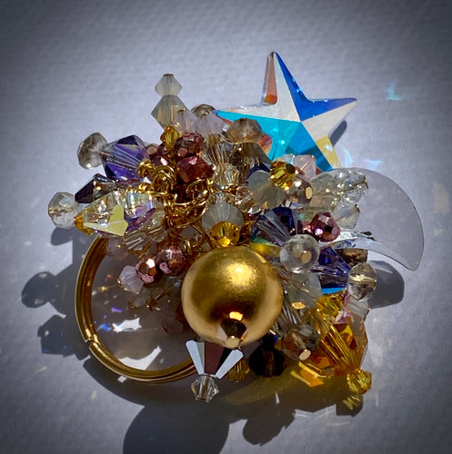 Crystal Moon and Stars Cocktail Ring